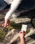 Two people playing a nature card game on a blanket outdoors