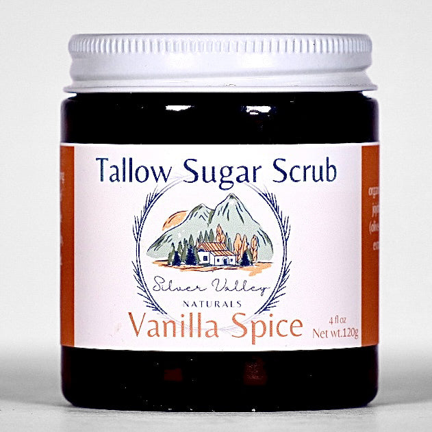 Jar of Tallow Sugar Scrub with Vanilla Spice flavor on a white background