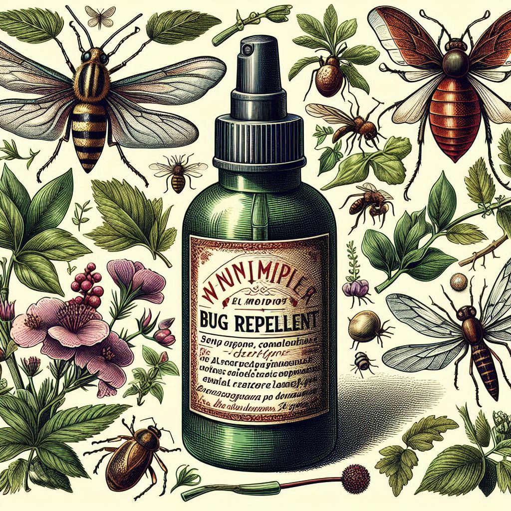 Spray bottle of bug repellent from Forage Folk surrounded by various bugs and natural ingredients