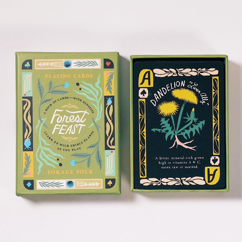 Forest Feast family card game with botanical design
