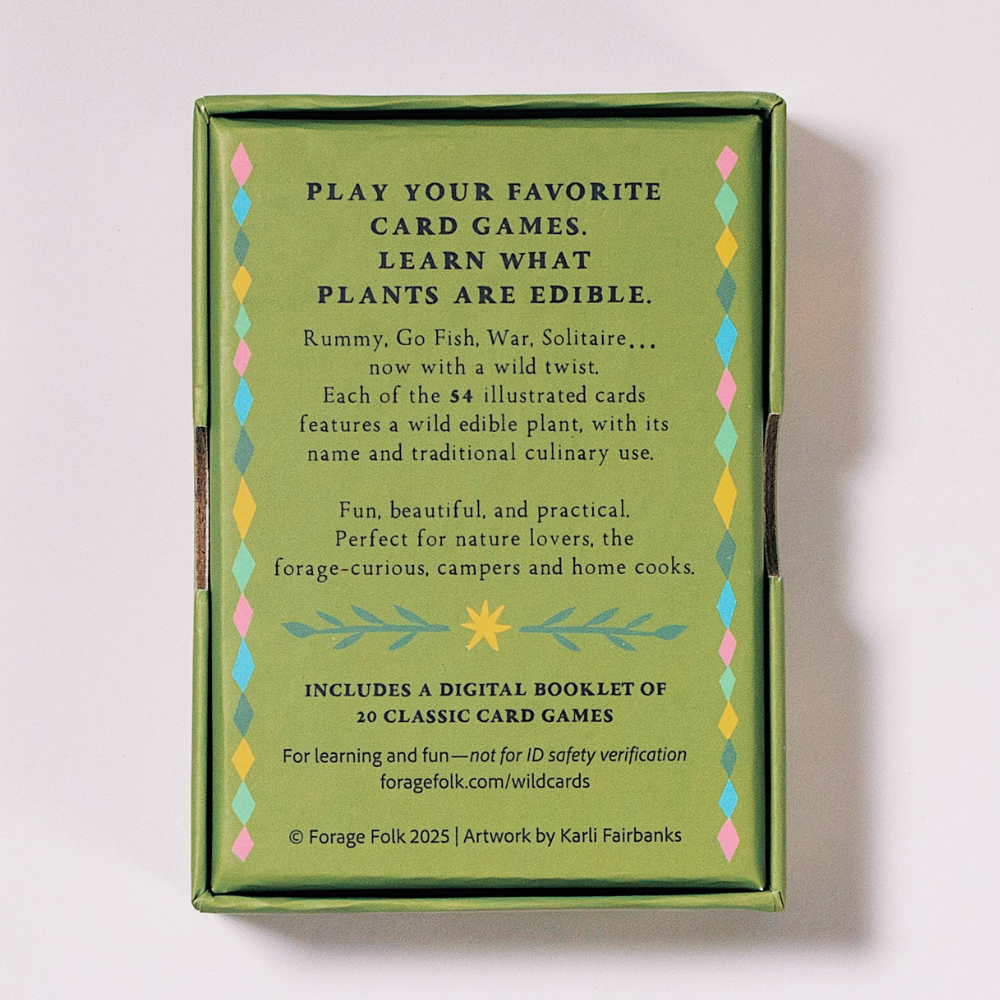 Forest Feast card game box with text about plant identification