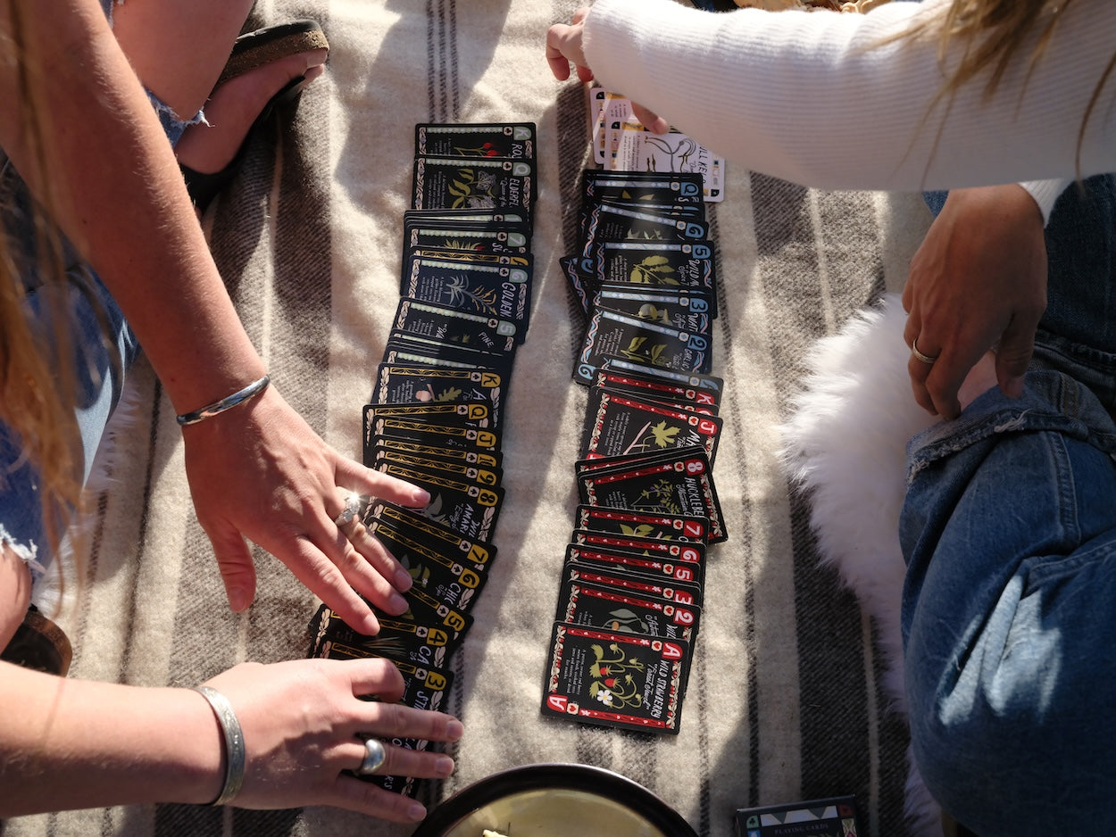 Family playing card games with botanical illustrated decks