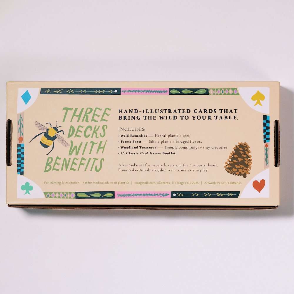 Card game gift box with botanical illustration and plant, forest, and herbal information