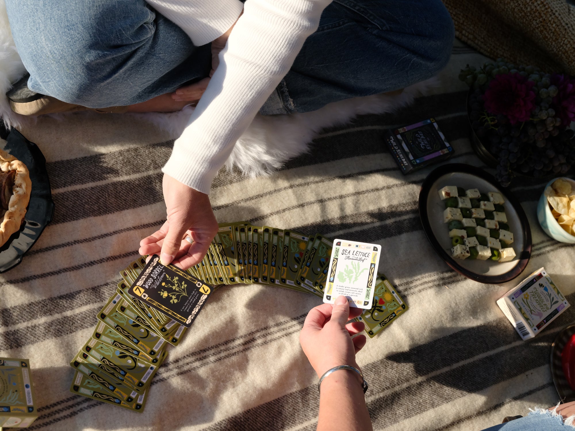 Two people playing a nature card game on a blanket outdoors