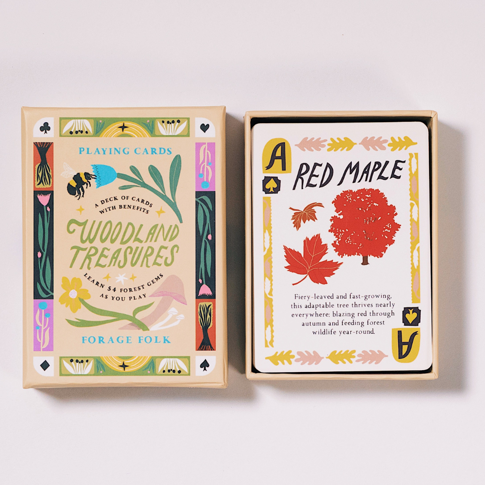 Woodland Treasures family card game with botanical design