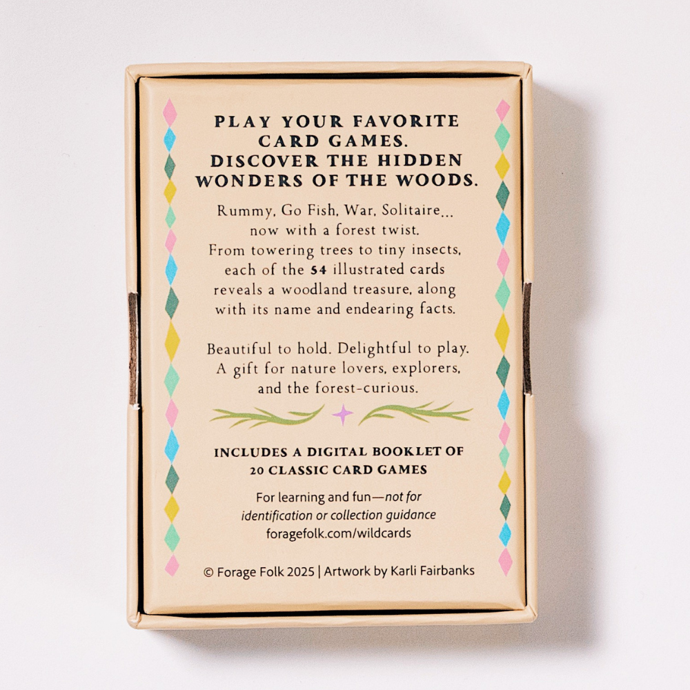 Woodland Treasures card game box with text about animal, insect, and plant identification