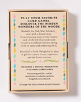 Woodland Treasures card game box with text about animal, insect, and plant identification