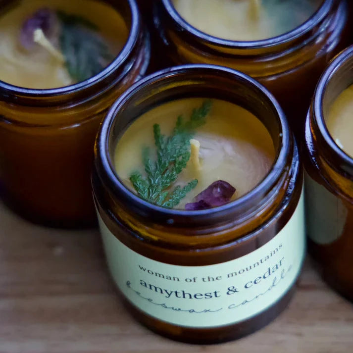 Amethyst and Cedar Beeswax Hand Poured Candle in Amber Jar